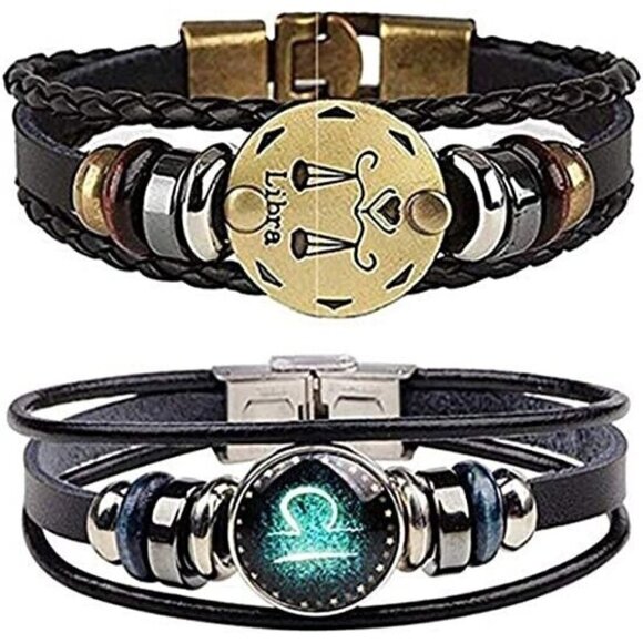LIBRA Constellation Braided Rope Bracelet Punk Alloy Leather Bracelet - Picture 1 of 6